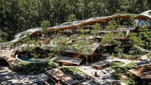 crea un ambiente natural que mejore las condiciones naturales existentes pero que respete la erquitectura existente .,a modern house in the woods in a green area,ecovillage,earthship,ecovillages,tree 