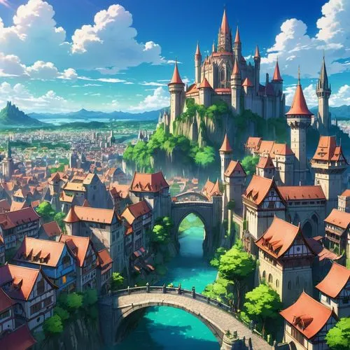 fantasy city,butka,knight village,machico,highstein,alfheim,Illustration,Japanese style,Japanese Style 03