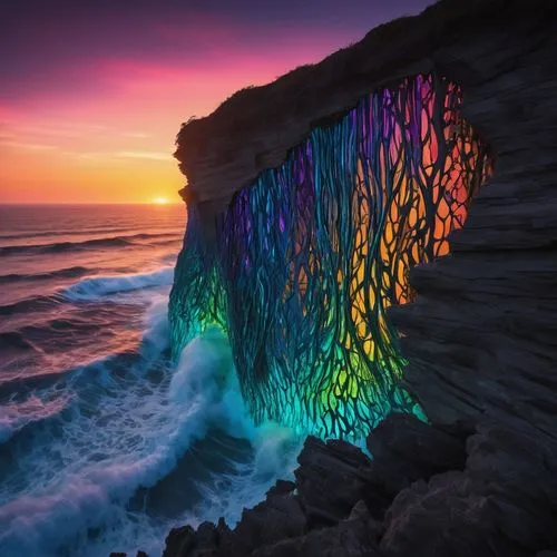 iridescently glowing organic iridescent wood lace figurative sculptures on cliff ~ by chainsaw artist "Isabel Miramontes" - dichroic vanishing point -breakers by photographer "Ray Collins" ~ backgroun