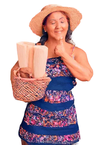 Honduran tamale vendor, mature lady, traditional clothing, vibrant colors, floral patterns, white blouse, long skirt, apron, straw hat, warm smile, few wrinkles, gentle eyes, holding steaming hot tama