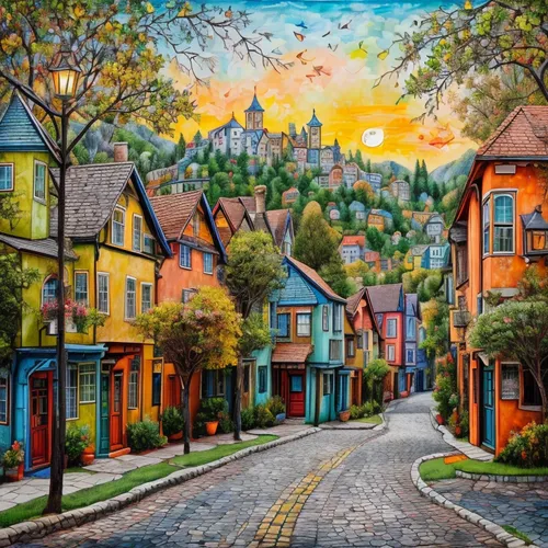 colorful city,aurora village,mountain village,row houses,oil painting on canvas,escher village,art painting,bergen,painting technique,palo alto,quebec,oil painting,row of houses,vail,shaftesbury,houses clipart,home landscape,cottages,alpine village,bar harbor