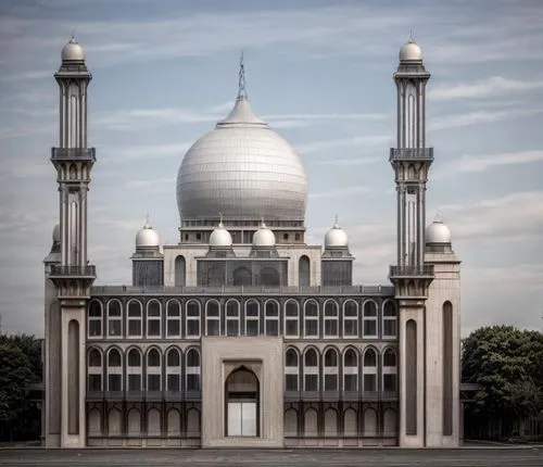 a view of a building that has a large dome and tall towers,masjid jamek mosque,grand mosque,big mosque,star mosque,futuh,masjid,islamic architectural,darussalam,city mosque,masjids,uloom,rajshahi,bait