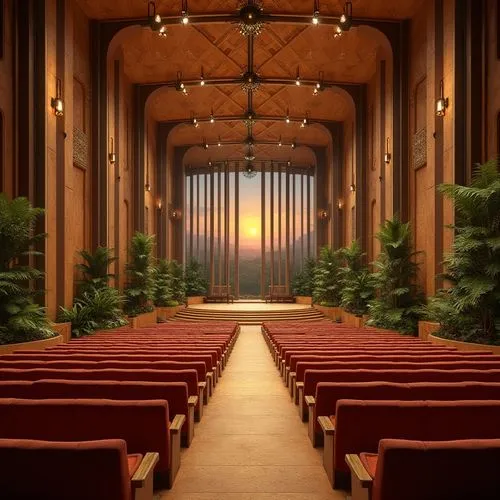 Savanna-inspired auditorium design, grandiose architecture, majestic pillars, natural wood accents, earthy tones, greenery walls, tropical plants, curved lines, geometric patterns, African-inspired te