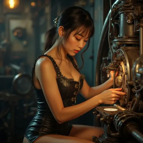 steampunk,watchmaker,vintage asian,corsetry,xiaofei,doll looking in mirror