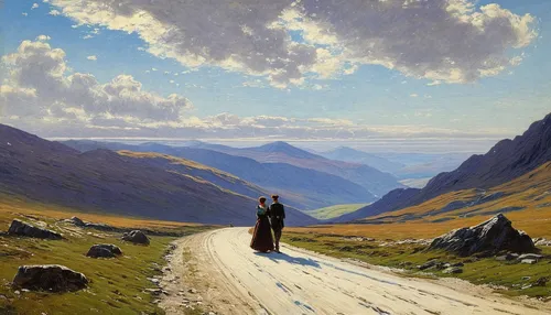 glencoe,shepherd romance,graeme strom,mountain scene,mountain road,robert harbeck,idyll,rural landscape,martin fisher,alpine route,high landscape,andreas cross,james handley,mountain highway,the road to the sea,long road,highlands,the spirit of the mountains,winding road,landscape background,Art,Classical Oil Painting,Classical Oil Painting 42