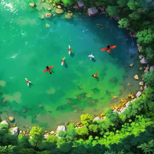 koi pond,underwater oasis,hotsprings,pond,mountain spring,hotspring,water spring,hoenn,thermal spring,fishpond,pigeon spring,kawaii people swimming,garden pond,frog gathering,rockpool,lily pond,wishing well,crescent spring,ghibli,acid lake,Illustration,Japanese style,Japanese Style 03