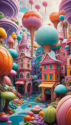 Futuristic, edible, architectural design, colorful, intricate details, candy-like textures, pastry-inspired structures, melting ice cream rooftops, lollipop columns, gumdrop domes, licorice vines, sug