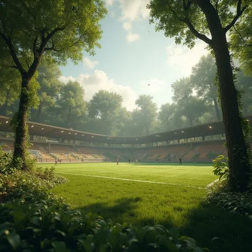 Integrating forest elements into sports field design, futuristic stadium, surrounded by tall trees, lush greenery, vines crawling up pillars, wooden benches, natural stone walls, grassy terrain, socce