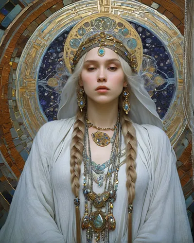 priestess,mucha,alfons mucha,cleopatra,the prophet mary,artemisia,athena,diadem,accolade,mystical portrait of a girl,sacred art,thracian,hieromonk,art nouveau,shamanic,adornments,sorceress,cybele,white lady,cepora judith,Art,Artistic Painting,Artistic Painting 04