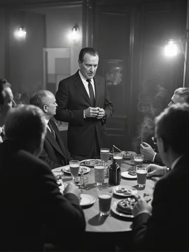 Realistic black and white photo: In a southern German restaurant hall, a conservative politician in a suit and tie, standing and not smoking, speaks to his listeners, who are gathered around several t