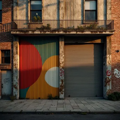 Rustic industrial facade, exposed brick walls, corrugated metal cladding, abstract geometric patterns, irregular shapes, bold colorful accents, distressed textures, urban graffiti, atmospheric mist, w