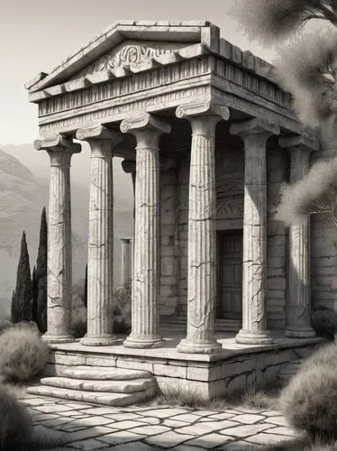 greek temple,erechtheion,temple of diana,amphipolis,roman temple,artemis temple,erechtheus,temple of hercules,metapontum,messene,the parthenon,acropolis,house with caryatids,priene,parthenon,panagora,pergamon,laodicea,ephesus,phaistos,Illustration,Black and White,Black and White 11