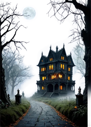 the haunted house,haunted castle,witch's house,haunted house,witch house,halloween background,ghost castle,house silhouette,halloween poster,creepy house,halloween scene,halloween illustration,ravenloft,halloween wallpaper,hauntings,halloween and horror,dreamhouse,gothic style,castle of the corvin,briarcliff,Illustration,Realistic Fantasy,Realistic Fantasy 12