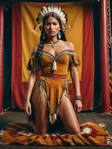 Beautiful, ultra-realistic colour photo of the chief's daughter Pocahontas from a fairground show, with deerskin dress.,a woman wearing a costume with feathers posing for the camera,pocahontas,america