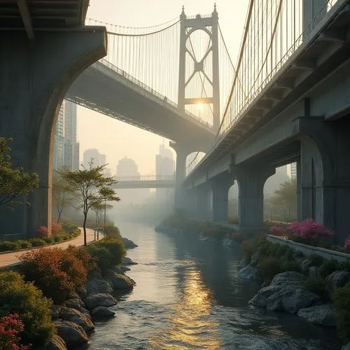 Rustic steel beams, suspension cables, angular piers, reinforced concrete foundations, curved arches, cantilevered sections, modern fusion architecture, urban cityscape, misty morning atmosphere, warm