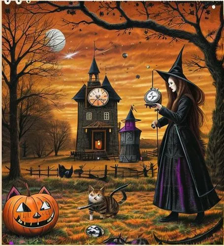 时钟改成猫 女巫稍有改变,halloween poster,halloween scene,halloween frame,witch's house,witch house,samhain,celebration of witches,halloween pumpkin gifts,halloween background,halloween and horror,halloween borde