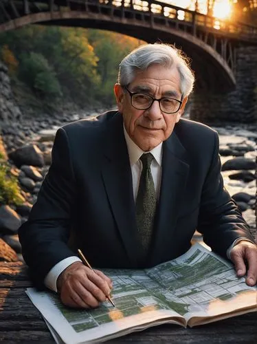 Stanley Tigerman, mature architect, bespectacled, gray hair, black suit, white shirt, tie, holding blueprints, standing, designing bridges, architectural memoirs, old bridge ruins, worn stone walls, m