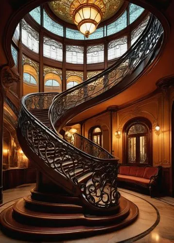 winding staircase,circular staircase,staircase,spiral staircase,staircases,outside staircase,escalera,cochere,stairway,driehaus,stair,ornate,escaleras,winding steps,stairwell,art nouveau frame,foyer,musée d'orsay,art nouveau frames,entrance hall,Art,Artistic Painting,Artistic Painting 29