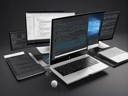 3-layer architecture, C#, modern coding, professional developer, laptop, desktop, multiple screens, coding environment, Visual Studio, Windows 10, dark theme, code highlighting, syntax errors, warning