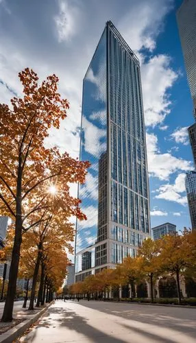 Modern Chicago skyscraper, 2019 Biennial venue, glass and steel structure, geometric shapes, cantilevered floors, large windows, urban landscape, cityscape, busy streets, pedestrians, contemporary arc