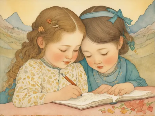 little angels,children studying,kate greenaway,cherubs,little girl reading,readers,love letter,book illustration,doves of peace,two girls,little boy and girl,children's fairy tale,tutor,little girls,fairies,love letters,kids illustration,child's diary,angels,children girls,Illustration,Retro,Retro 17