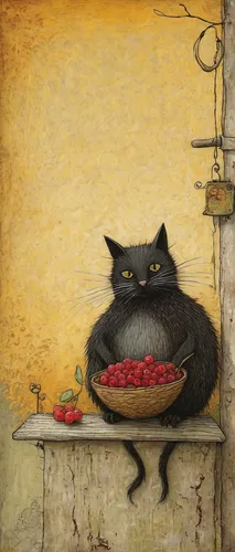 cat sparrow,cat food,figaro,jiji the cat,cherries in a bowl,pomegranate,fruit bowl,borscht,ratatouille,red cat,tea party cat,cat resting,cat,appetite,carpaccio,raspberries,cat cartoon,bowl of fruit in rain,still life with jam and pancakes,cat european,Art,Artistic Painting,Artistic Painting 49