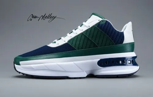 Pebbled leather, mesh vamp upper, sport sole with screen print "0.0 energy", all white with deep green and navy accent color scheme ,Custom court shoe green/navy,flints,griffey,supersonics,leprechaun 