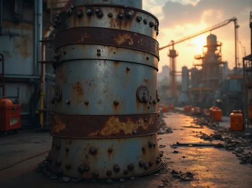 Galvanized steel, metal texture, rusty tone, industrial setting, factory background, pipes, machinery, construction site, crane, scaffolding, blueprints, hard hat, reflective vest, toolbox, welding sp