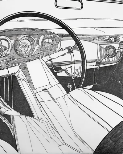 car drawing,car interior,the vehicle interior,mercedes interior,illustration of a car,jensen interceptor,steering wheel,muscle car cartoon,vintage drawing,buick electra,automotive design,interiors,steering,cadillac eldorado,dashboard,porsche 907,windshield,mercedes benz w111,drive,etype,Illustration,Black and White,Black and White 24