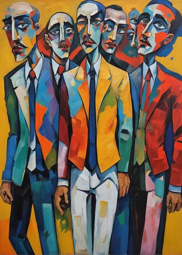 gentleman icons,group of people,hound dogs,multicolor faces,musicians,khokhloma painting,heads,reservoir,red auerbach,three kings,the cuban police,men sitting,three primary colors,collective,businessmen,three wise men,four seasons,marsalis,cohesion,jazz,Conceptual Art,Oil color,Oil Color 24