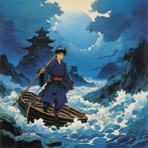 In dreams, I'm moving through heavy water, by Zao Wou-Ki, by Hiroshi Yoshida,an anime with a boat and a male in blue,kuwabara,miroku,katsuhito,hijikata,inuyasha,zatoichi,kazuharu,hokuto,chunmei,kagemu