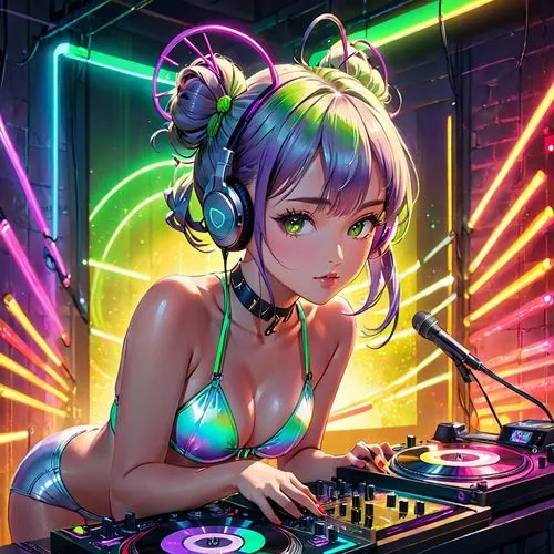 Holographic effect, in front of a wall full of yellow-green and purple-red gradient neon tubes, 8k, ultra-high definition, a handsome female DJ with a Japanese bun, dyed a gradient fashionable hair co