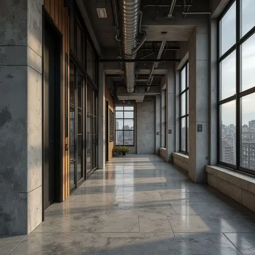 groundfloor,daylighting,hallway space,lofts,corridors,factory hall,industrial hall,hallway,empty factory,penthouses,offices,office buildings,empty interior,modern office,concrete ceiling,empty hall,industrial building,corridor,floors,3d rendering,Photography,General,Realistic