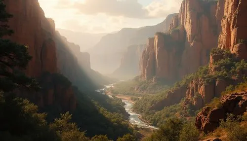 Canyon-inspired atmosphere, breathtaking grandeur, majestic rocky cliffs, layered sedimentary rock formations, vast expansive vistas, warm golden light, soft shadows, few wispy clouds, serene peaceful