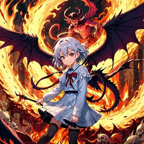 fire angel,azazel,fire background,fire devil,angel and devil,ranko,Anime,Anime,Traditional