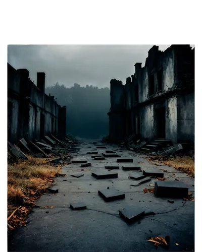 Dead background, dark tone, black fog, misty atmosphere, eerie silence, abandoned scene, desolate landscape, ruins, broken concrete, shattered glass, rusty metal, worn-out wood, dim lighting, low-key 