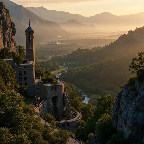 \Watchtower nestled in rolling hills, lush green forests, meandering streams, rustic stone walls, wooden observation decks, telescopic vistas, dramatic sunsets, warm golden lighting, shallow depth of 