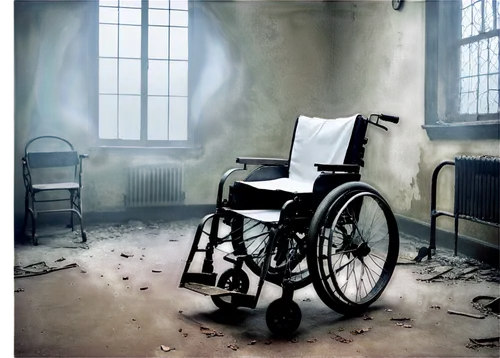 Scary atmosphere, dark abandoned asylum, eerie dim lighting, foggy mist, creepy old wheelchairs, rusty medical equipment, broken windows, spooky shadows, ghostly apparitions, pale skin, sunken eyes, t