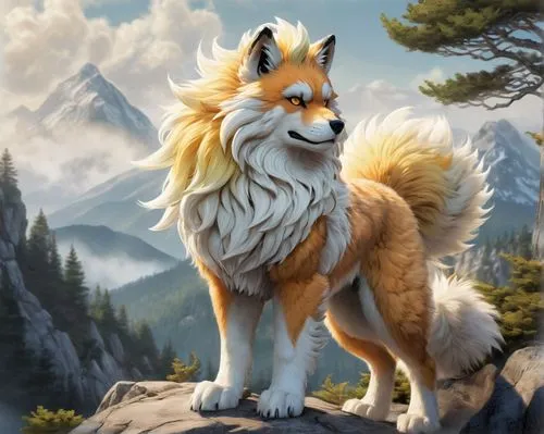 Realistic Arcanine, anthro wolf, majestic posture, sharp claws, fluffy fur, white chest, bushy tail, piercing yellow eyes, detailed nose, furry ears, standing, mountainside, misty atmosphere, rocky te