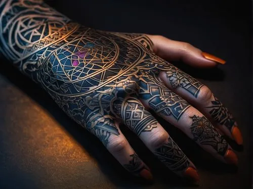 Tattooed hand, AI-generated design, intricate knuckle tattoo, black ink, geometric patterns, 3D-like details, metallic sheen, ornate borders, bold lines, vibrant colors, glow effect, dramatic lighting