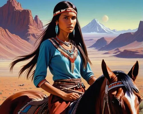 A young skinny woman with long straight dark hair, tanned skin and dark brown eyes. She is dressed with a native american clothes. She is mounting a horse. The background is an alien planet. Retro sci