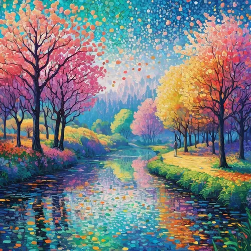 Make a lockscreen wallpaper with a retro art style.,river landscape,colorful tree of life,autumn landscape,springtime background,oil painting on canvas,cherry trees,sakura trees,aura river,colorful wa