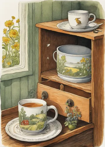 kate greenaway,tea party collection,goldenrod tea,watercolor tea set,cup and saucer,vintage dishes,tea set,dishware,dinnerware set,tea cups,teacup arrangement,tea service,coffee tea illustration,teapots,chamber pot,watercolor tea shop,chinaware,watercolor tea,tea flowers,tea box,Illustration,Realistic Fantasy,Realistic Fantasy 31