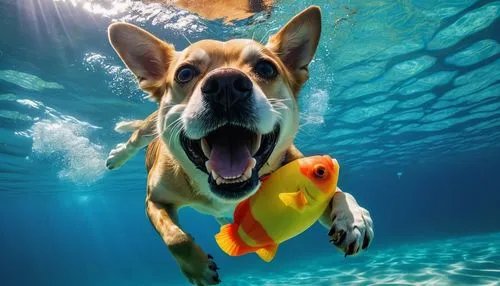 Max, the adventurous dog, with a toy in his mouth, ready for a playful showdown. 8k colorful vibrant realistic ,dog in the water,underwater world,marine animal,surfdog,animal photography,underwater fi