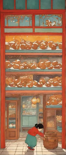 Create a suspenseful scene where a gingerbread jar mysteriously goes missing from a bakery.,bakery,watercolor tea shop,pastry shop,dim sum,tsukemono,japanese-style room,sushi japan,seafood counter,pât