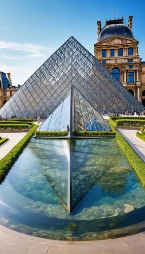 Louvre Pyramid, Paris, France, majestic ancient architecture, glass pyramid, metal frame, stone base, intricate details, grand entrance, sunny day, soft natural light, tourists taking photos, French f