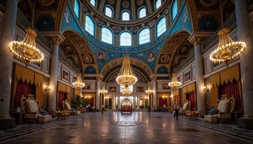 \Majestic Byzantine church, azure domes, golden accents, intricate mosaics, ornate frescoes, marble columns, rich tapestries, lavish furnishings, regal thrones, sparkling chandeliers, stained glass wi