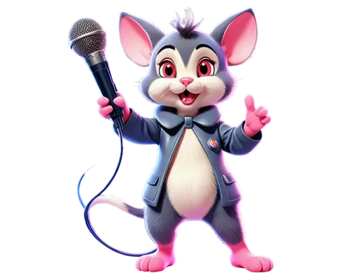 Cartoon squeaker, round body, white belly, bright red nose, small eyes, fluffy ears, soft pink paws, shiny fur, sparkling eyes, holding microphone, standing on hind legs, dynamic pose, colorful backgr