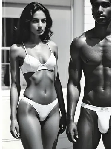 Same scene as black and white photo.,a couple of people in underwear standing next to each other,black couple,vintage man and woman,workout icons,black models,physiques,dirie,Photography,Black and whi