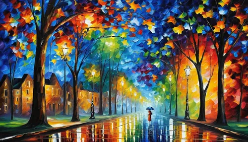 oil painting on canvas,walking in the rain,art painting,colorful city,colorful background,colorful light,man with umbrella,background colorful,oil painting,colorful life,street lights,autumn background,night scene,light rain,street lamps,the autumn,painter,blue rain,girl walking away,pedestrian lights,Conceptual Art,Daily,Daily 10